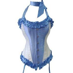 Blue Cream Ruffled Steel Boned Corset Set - NEW